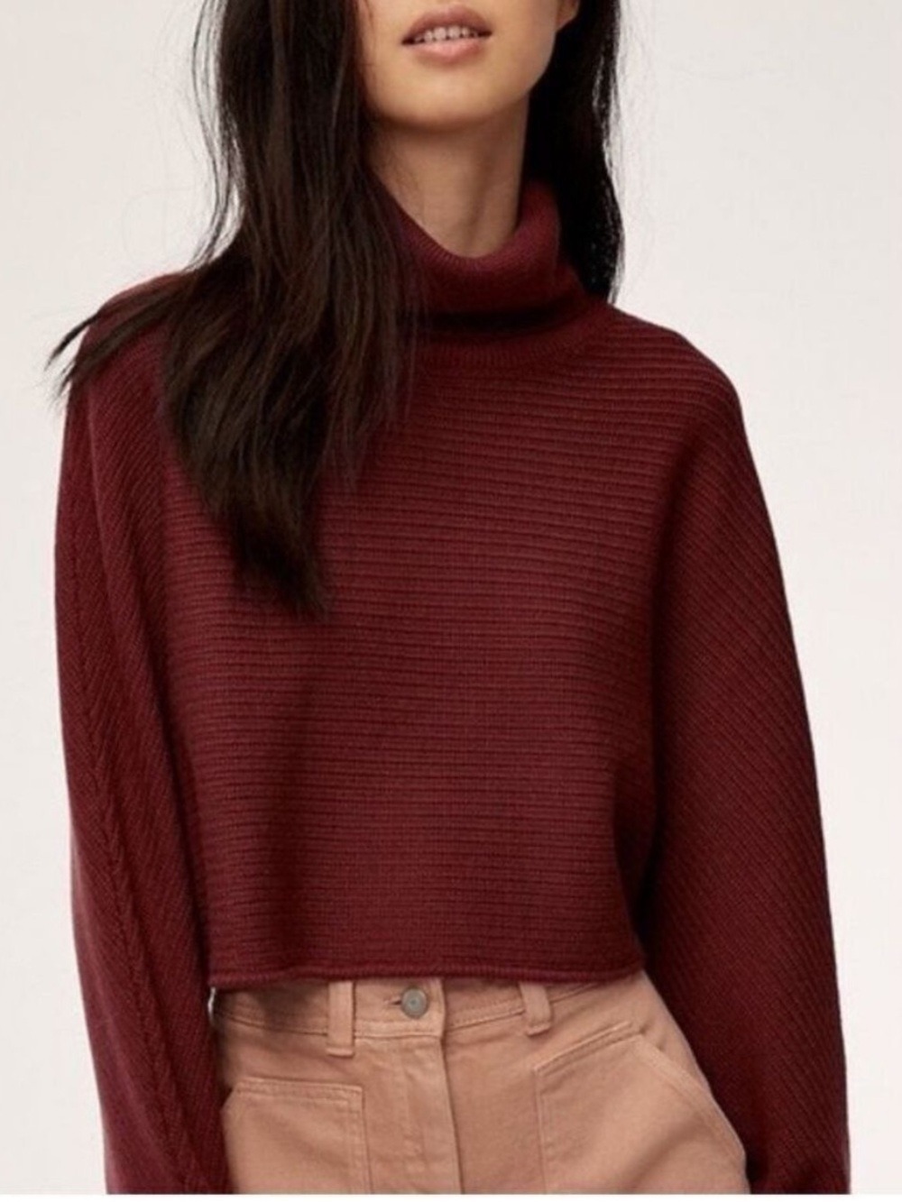Aritzia Wilfred Free Naomi Cropped Turtleneck Sweater 100% wool brown Size M